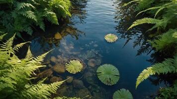 A serene pond surrounded by ferns and lily pads, reflecting nature's tranquility. photo