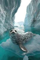 Leopard Seal Resting On Ice In Antarctic Waters photo