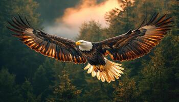 Majestic Bald Eagle Soaring Through Forest at Sunset photo