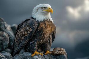 Majestic Bald Eagle Perched on Rocks with Golden Ring photo