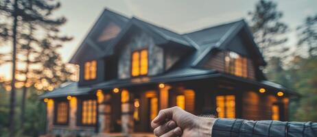 A hand gestures towards a beautiful illuminated house photo