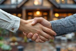 Two People Shake Hands In Front Of House photo