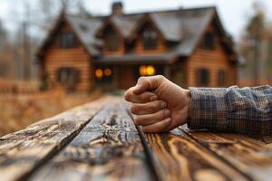 Hand Resting On Wooden Table With Log Cabin Background photo