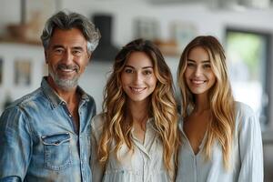 Happy father and his two daughters smiling together photo