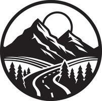 A black and white image of a mountain road with trees vector