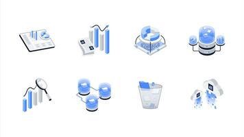 Data analytics isometric icon set. Dashboard Analytics, Data Visualization, AI Powered Analytics, Data Mining, Predictive Analytics, Data Integration, Data Cleaning and Cloud Analytics. vector
