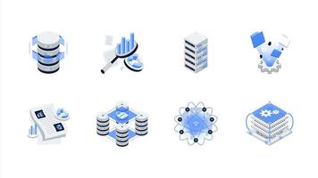 Data analytics isometric icon illustration set. Big data analysis technology containing Data Management, Network, Analytics, Data Reporting, Machine Learning, Server, Secure Connection and Database. vector