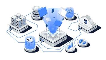 Isometric Data Management Illustration. Cloud Storage, Business Computing, Datacenter and Technology Concept. vector