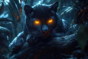 Black Panther Resting On A Branch In The Jungle photo