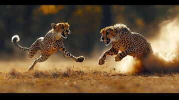 Two Cheetahs Running Across Grassland In Dust photo