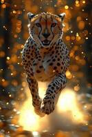 Cheetah Running Through Golden Dust Sunset photo