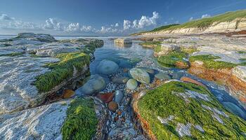 Coastal Rock Pool Algae Pebbles Ocean View photo