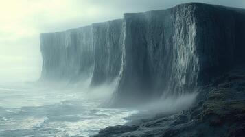 Majestic Cliffs and Misty Ocean Waves Crashing photo