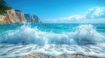 Ocean Waves Crashing on a Pebble Beach near Cliffs photo