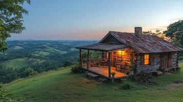 Rustic Log Cabin Evening Hilltop View photo