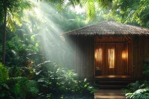 Serene Bamboo Hut Nestled Within Lush Tropical Foliage photo