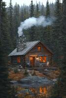 Cozy Log Cabin Nestled In A Forest Near A Lake photo