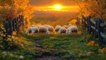 Sheep grazing peacefully at sunset in autumn photo