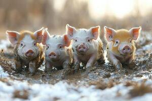 Three Piglets Playing Joyfully in Mud photo