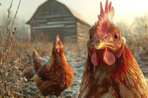 Two Chickens In A Snowy Winter Farm Setting photo