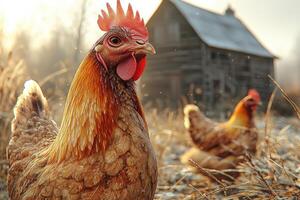Golden hens on a farm near a rustic barn photo