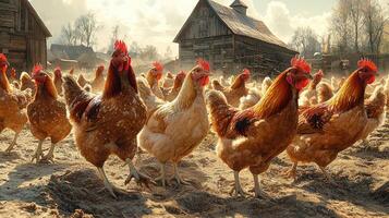 A flock of chickens in a rural farmyard setting photo