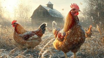 Chickens in Snowy Winter Farm Setting Near Barn photo