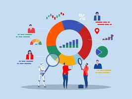 Research and development, business people look at magnify market data chart and graph.marketing or advertising survey to launch product vector