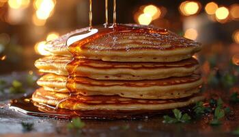 Pancakes Stack Drizzled With Maple Syrup photo