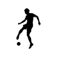 Silhouette of a soccer player kicking a ball in action. Perfect for sports designs, logos, posters, t-shirts, and branding. High-quality and scalable artwork for digital and print projects. vector
