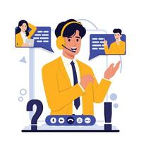 Call center service illustration. Cartoon man customer support operator with headset talking on phone. Customer support and assistance concept. vector