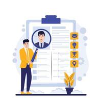 Recruitment concept Man with magnifying glass looking at document. Flat design illustration. vector