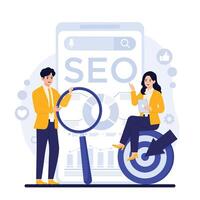 Search engine optimization seo concept. Man and woman sitting on big smartphone with magnifying glass and search engine optimization flat illustration vector