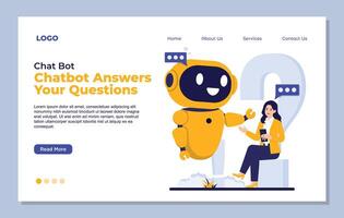Chatbot concept landing page flat design illustration. Artificial intelligence, machine learning, cloud computing. Modern technologies and robots. vector