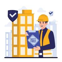Safety regulation OSHA Worker with checklist and building on background. illustration in flat style vector