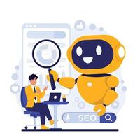 Search engine optimization seo Robot with magnifying glass. Artificial intelligence concept. illustration in flat style vector