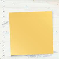 Blank yellow sticky note stick on used old notebook paper square background with stained effect graphic illustration. vector