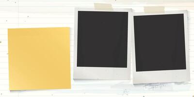 Both of blank old instant photograph and blank sticky note stick on used old notebook paper horizontal background with stained effect graphic illustration. vector
