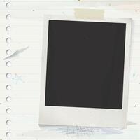 Blank old instant photograph stick on used old notebook paper square background with stained effect graphic illustration. vector