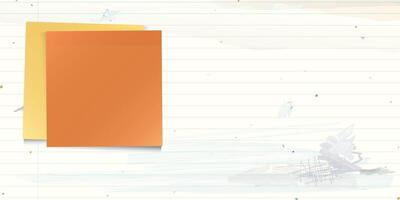 Blank both of sticky notes paper square shape stick on used old notebook paper horizontalo background with stained effect graphic illustration have blank space. vector