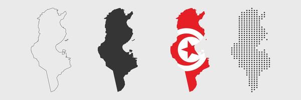 Tunisia map in various style outline, grey, flag color, and dotted vector
