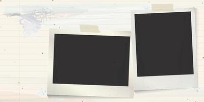Both of blank old instant photograph stick on used old notebook paper horizontal background with stained effect graphic illustration. vector
