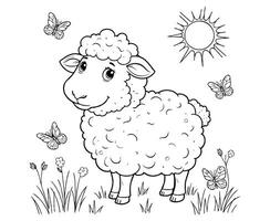 Fluffy Sheep in Sunny Field Coloring Page for kids vector
