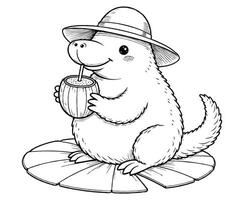 Platypus with Sunhat Floating on Lily Pad Coloring Page vector