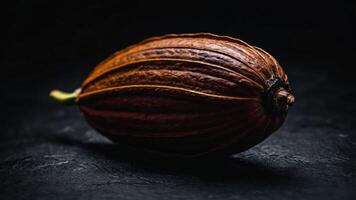 A close-up of a cocoa pod on a dark surface, highlighting its texture and shape. photo
