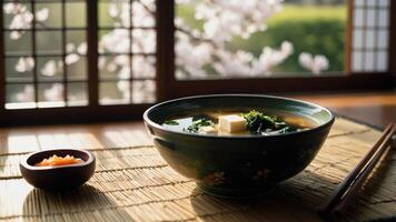 A bowl of soup with tofu and greens, accompanied by a side of pickled vegetables, set in a serene environment. photo