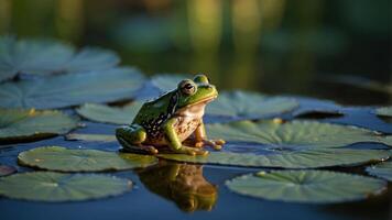 A green frog perched on a lily pad in a serene pond setting. photo