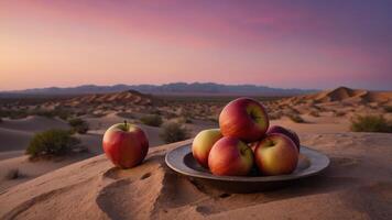 A serene desert scene featuring a plate of apples against a colorful sunset backdrop. photo