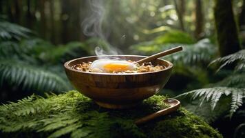 A steaming bowl of food with an egg sits on a mossy surface in a lush forest setting. photo