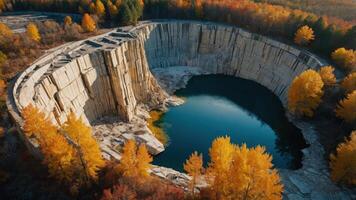 Aerial view of a quarry surrounded by autumn foliage and a reflective water pool. photo